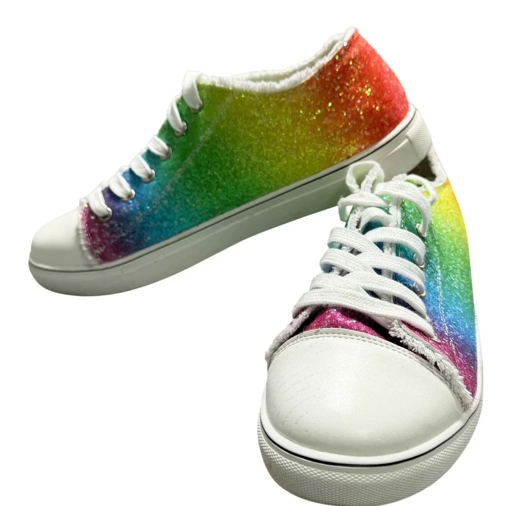 Rainbow Glitter Ombre Lace Up Sneakers Low‎ Top White Toe Cap Size 43 M-9.5 W-11